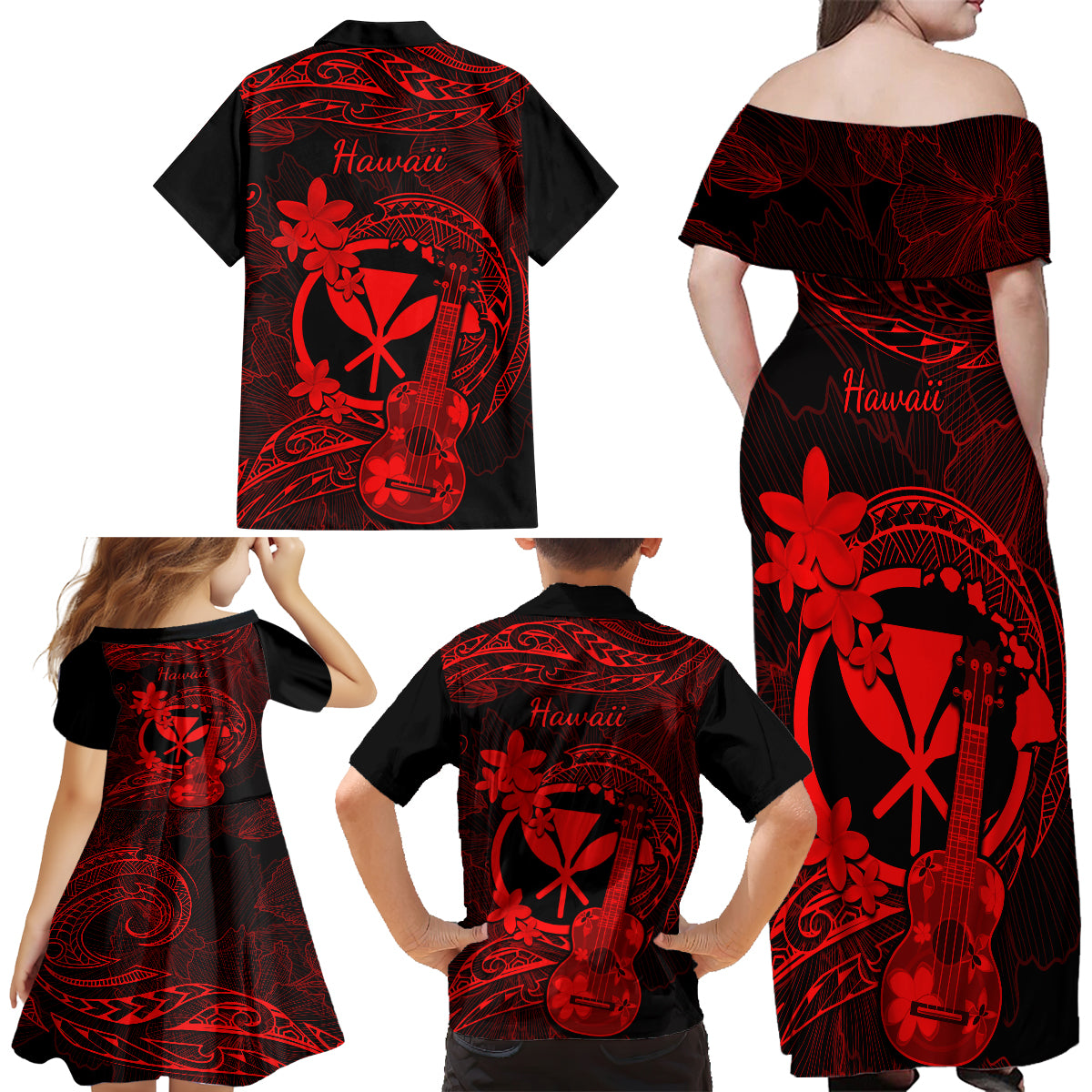 Hawaii Family Matching Off Shoulder Maxi Dress and Hawaiian Shirt Ukulele Mix Polynesian Plumeria Red Version LT14 - Polynesian Pride