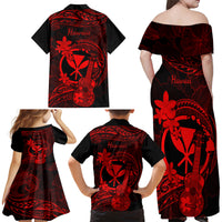 Hawaii Family Matching Off Shoulder Maxi Dress and Hawaiian Shirt Ukulele Mix Polynesian Plumeria Red Version LT14 - Polynesian Pride