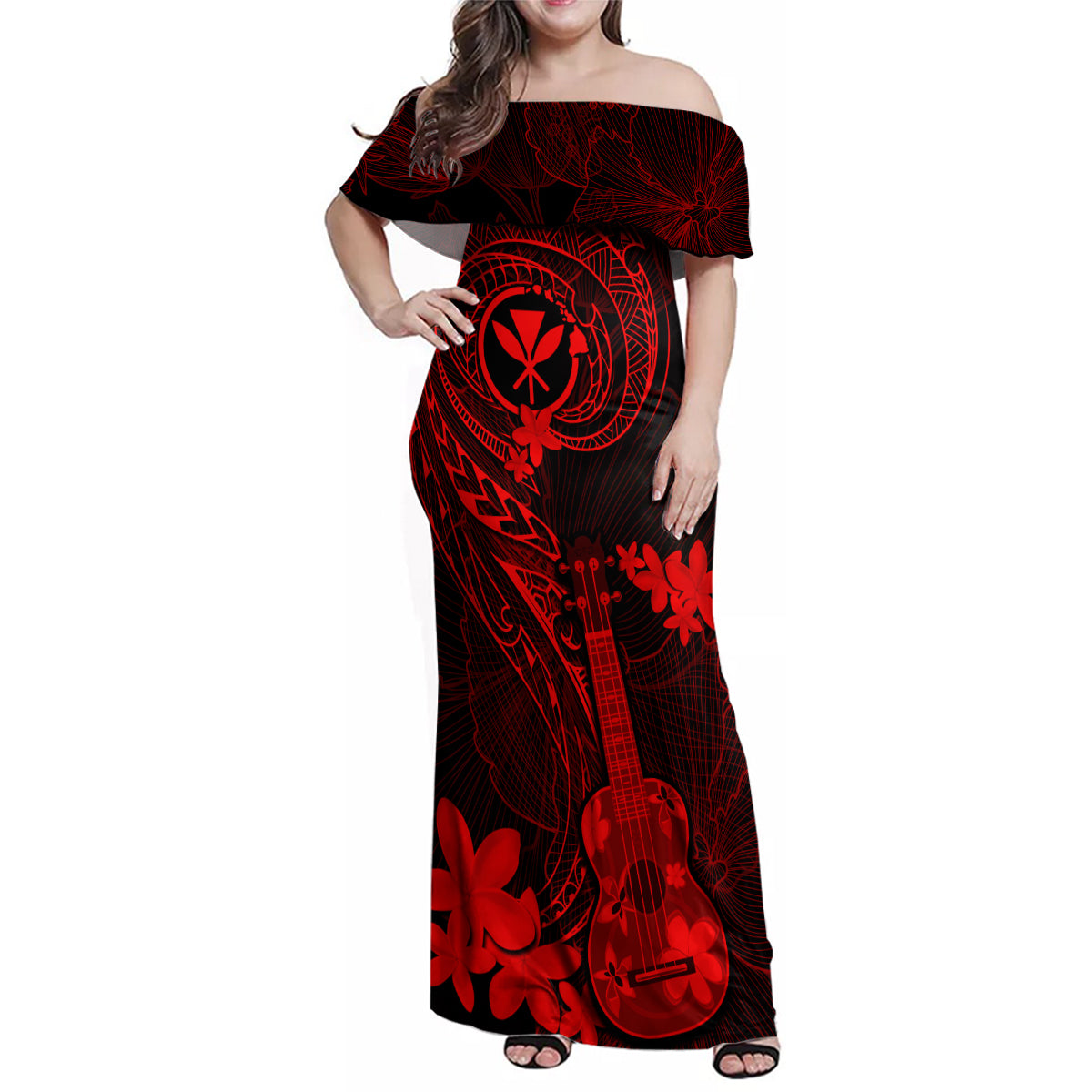 Hawaii Family Matching Off Shoulder Maxi Dress and Hawaiian Shirt Ukulele Mix Polynesian Plumeria Red Version LT14 Mom's Dress Red - Polynesian Pride