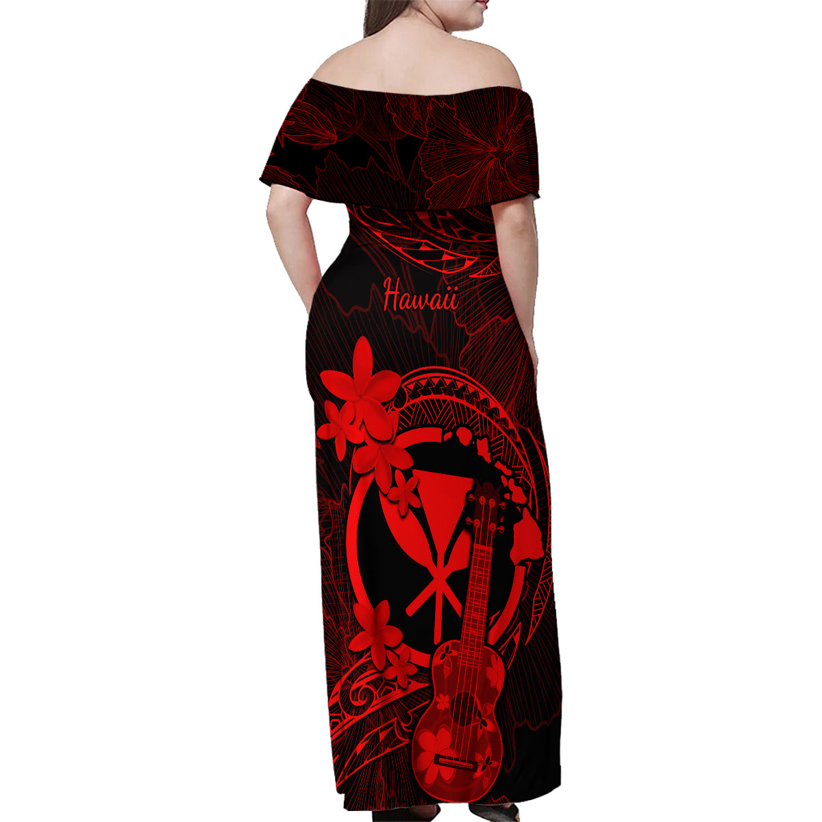 Hawaii Family Matching Off Shoulder Maxi Dress and Hawaiian Shirt Ukulele Mix Polynesian Plumeria Red Version LT14 - Polynesian Pride