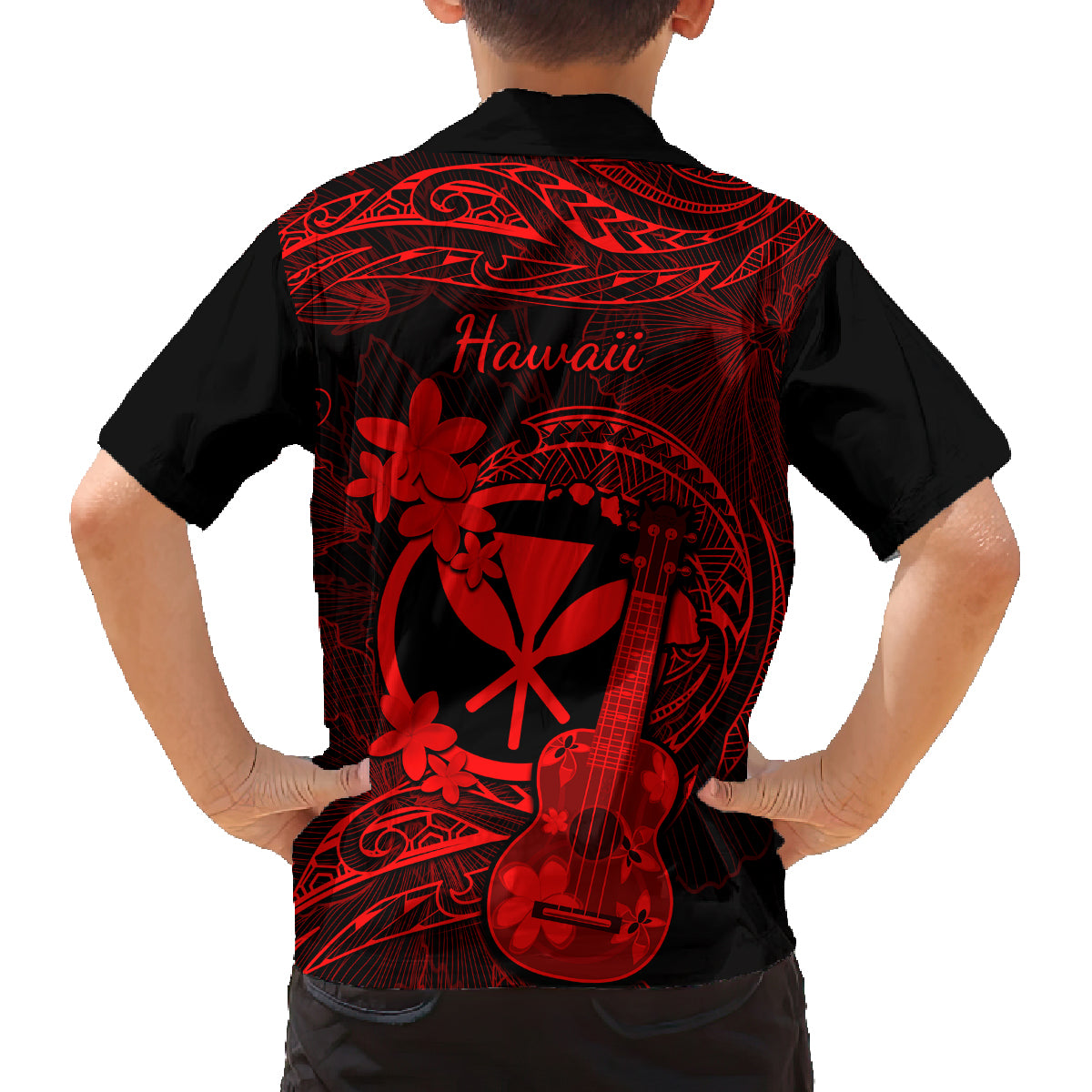 Hawaii Family Matching Off Shoulder Short Dress and Hawaiian Shirt Ukulele Mix Polynesian Plumeria Red Version LT14 - Polynesian Pride