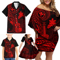 Hawaii Family Matching Off Shoulder Short Dress and Hawaiian Shirt Ukulele Mix Polynesian Plumeria Red Version LT14 - Polynesian Pride