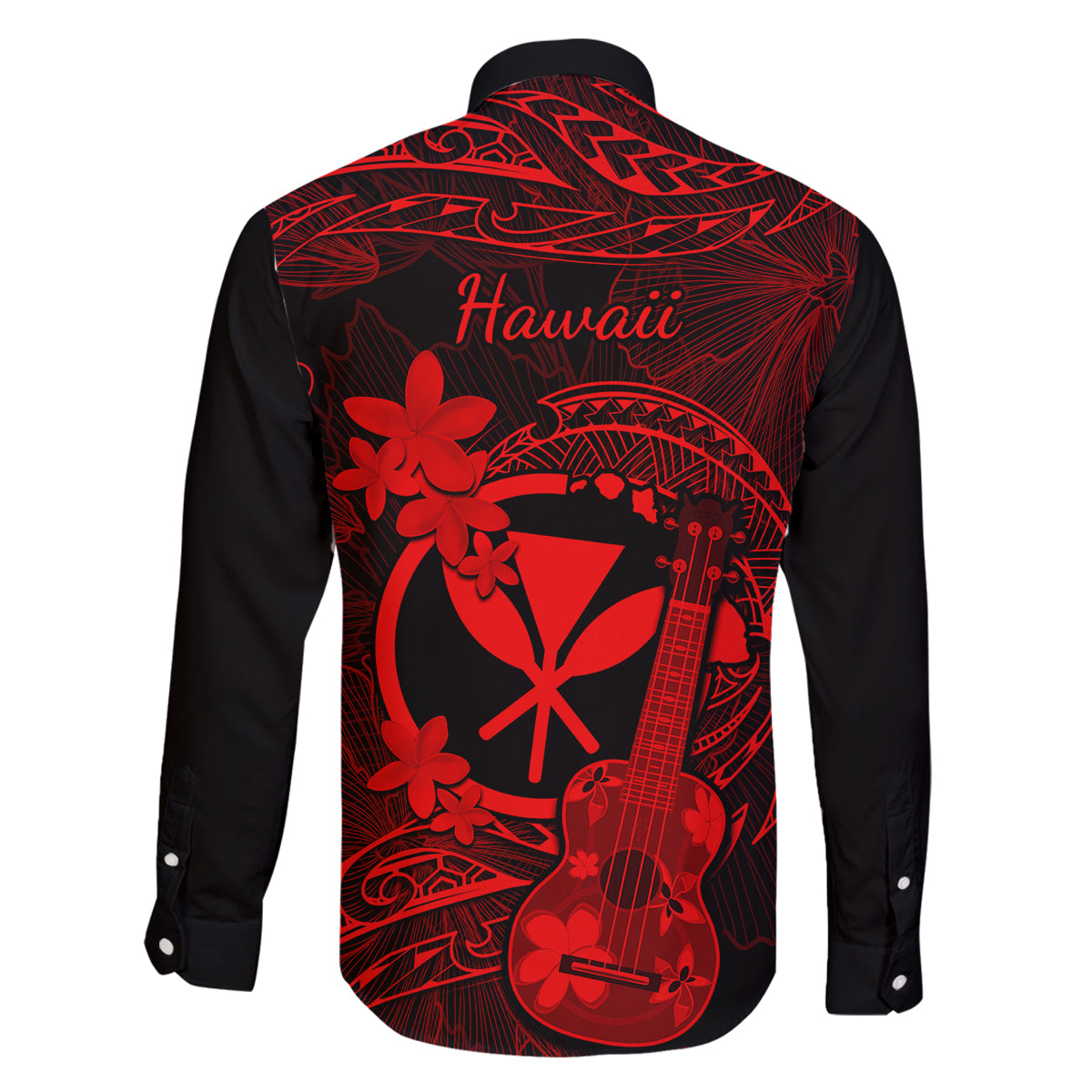 Hawaii Family Matching Off Shoulder Short Dress and Hawaiian Shirt Ukulele Mix Polynesian Plumeria Red Version LT14 - Polynesian Pride