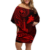 Hawaii Family Matching Off Shoulder Short Dress and Hawaiian Shirt Ukulele Mix Polynesian Plumeria Red Version LT14 Mom's Dress Red - Polynesian Pride