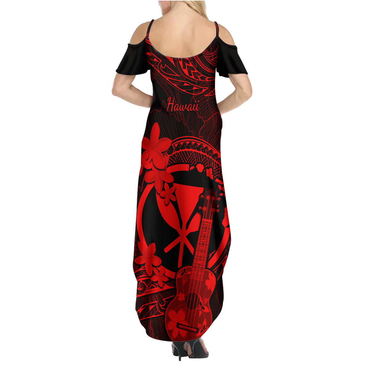 Hawaii Family Matching Summer Maxi Dress and Hawaiian Shirt Ukulele Mix Polynesian Plumeria Red Version LT14 - Polynesian Pride