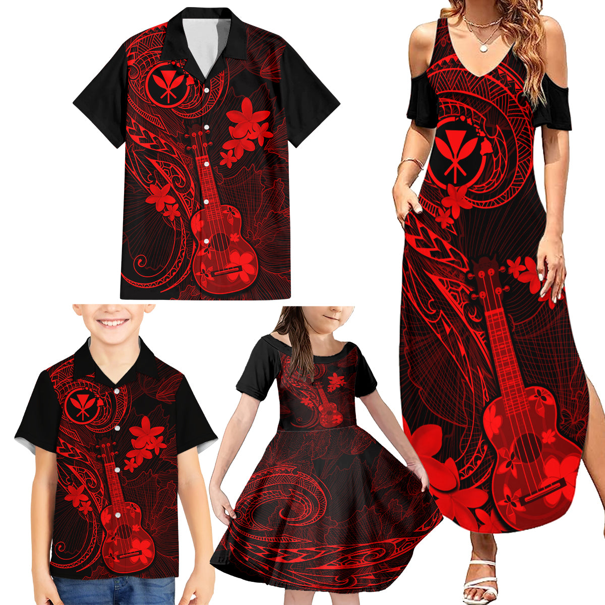 Hawaii Family Matching Summer Maxi Dress and Hawaiian Shirt Ukulele Mix Polynesian Plumeria Red Version LT14 - Polynesian Pride