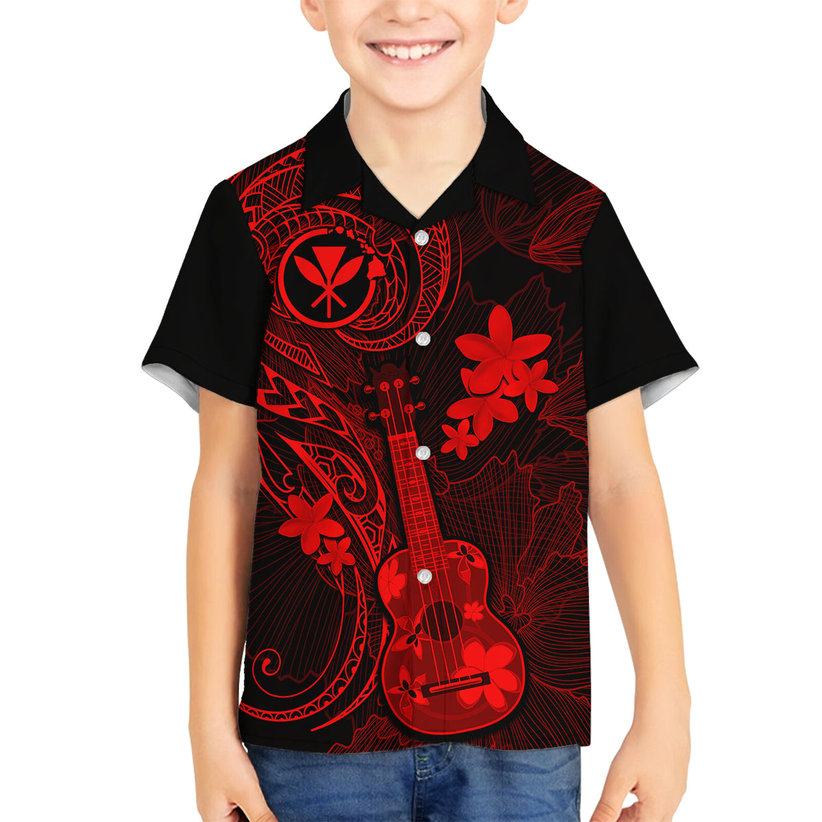 Hawaii Family Matching Summer Maxi Dress and Hawaiian Shirt Ukulele Mix Polynesian Plumeria Red Version LT14 Dad's Shirt - Long Sleeve Red - Polynesian Pride