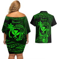 hawaii-couples-matching-off-shoulder-short-dress-and-hawaiian-shirt-ukulele-mix-polynesian-plumeria-green-version