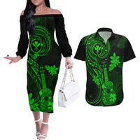 Hawaii Couples Matching Off The Shoulder Long Sleeve Dress and Hawaiian Shirt Ukulele Mix Polynesian Plumeria Green Version LT14 Green - Polynesian Pride