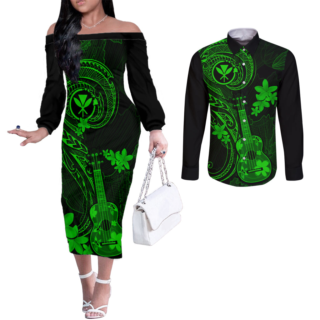 hawaii-couples-matching-off-the-shoulder-long-sleeve-dress-and-long-sleeve-button-shirts-ukulele-mix-polynesian-plumeria-green-version