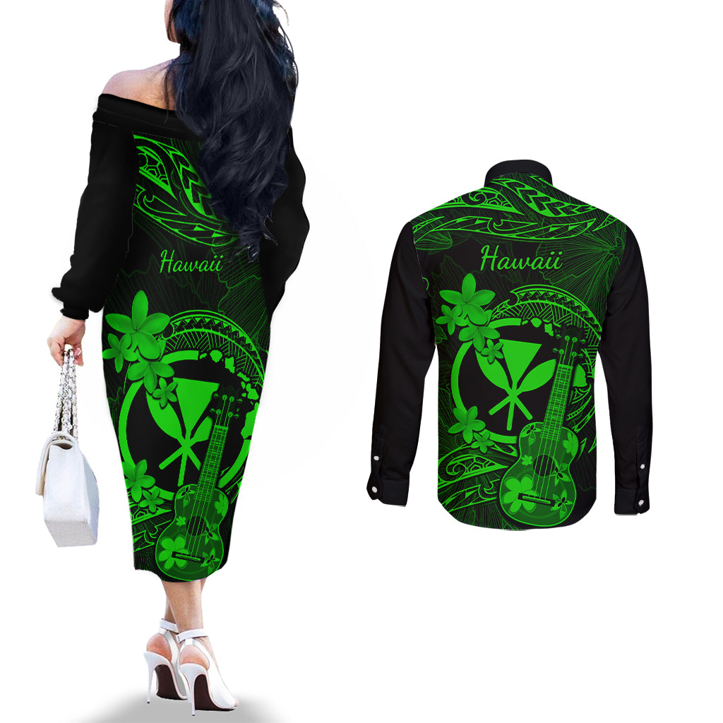 Hawaii Couples Matching Off The Shoulder Long Sleeve Dress and Long Sleeve Button Shirts Ukulele Mix Polynesian Plumeria Green Version LT14 - Polynesian Pride