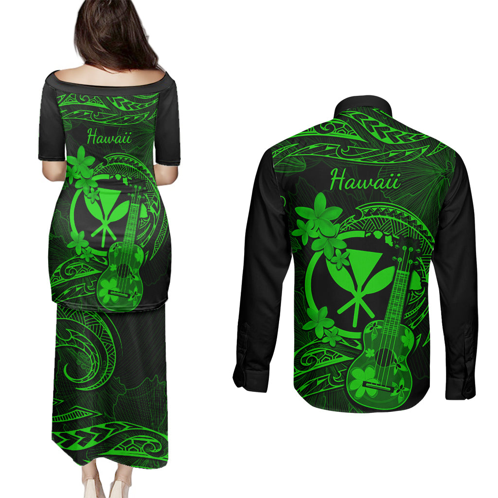 hawaii-couples-matching-puletasi-dress-and-long-sleeve-button-shirts-ukulele-mix-polynesian-plumeria-green-version