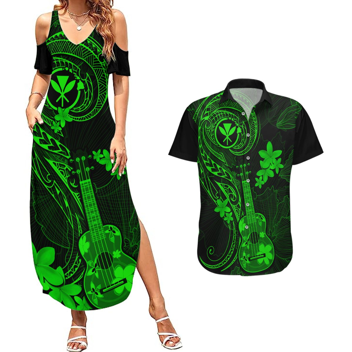 hawaii-couples-matching-summer-maxi-dress-and-hawaiian-shirt-ukulele-mix-polynesian-plumeria-green-version