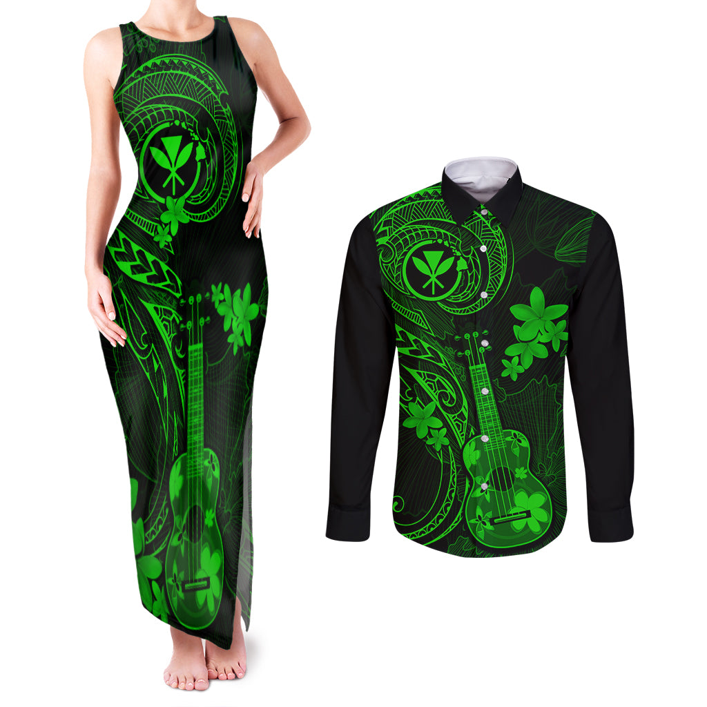 hawaii-couples-matching-tank-maxi-dress-and-long-sleeve-button-shirts-ukulele-mix-polynesian-plumeria-green-version