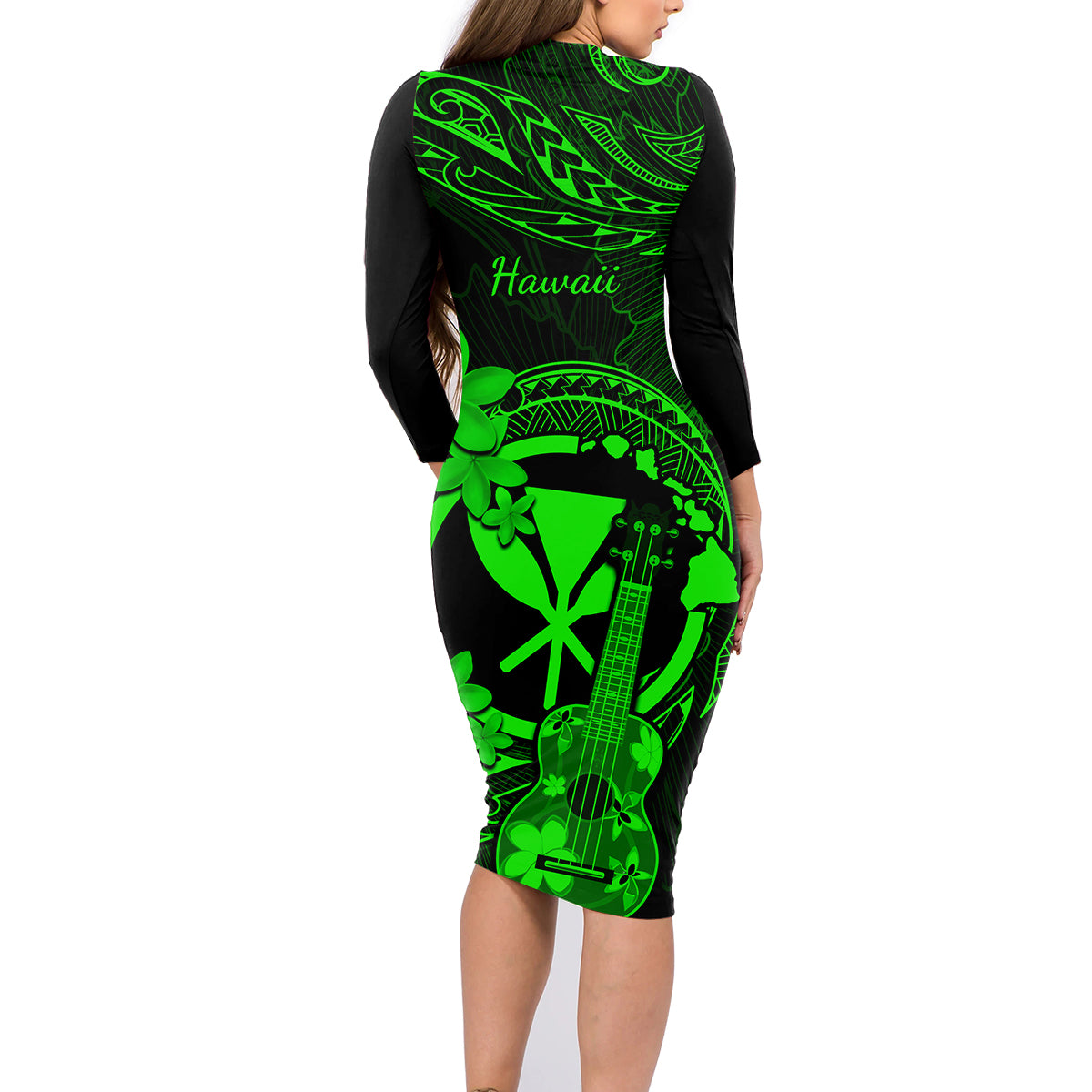 Hawaii Family Matching Long Sleeve Bodycon Dress and Hawaiian Shirt Ukulele Mix Polynesian Plumeria Green Version LT14 - Polynesian Pride
