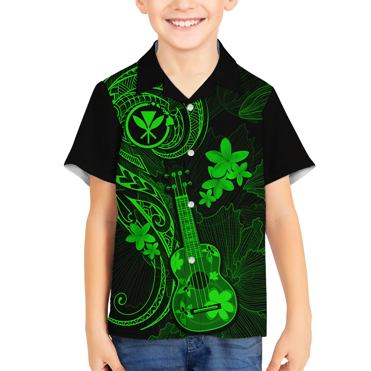 Hawaii Family Matching Long Sleeve Bodycon Dress and Hawaiian Shirt Ukulele Mix Polynesian Plumeria Green Version LT14 Son's Shirt Green - Polynesian Pride