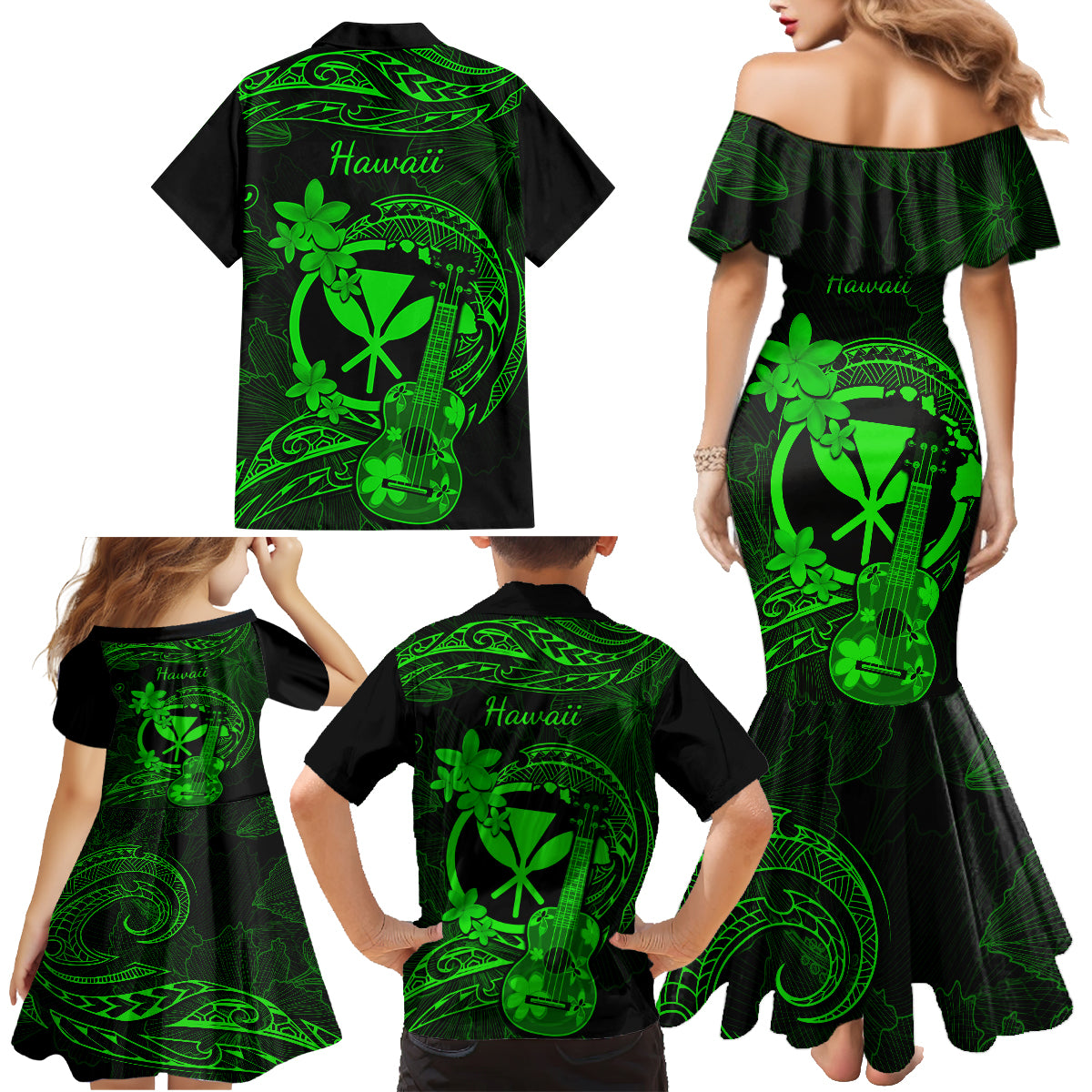Hawaii Family Matching Mermaid Dress and Hawaiian Shirt Ukulele Mix Polynesian Plumeria Green Version LT14 - Polynesian Pride