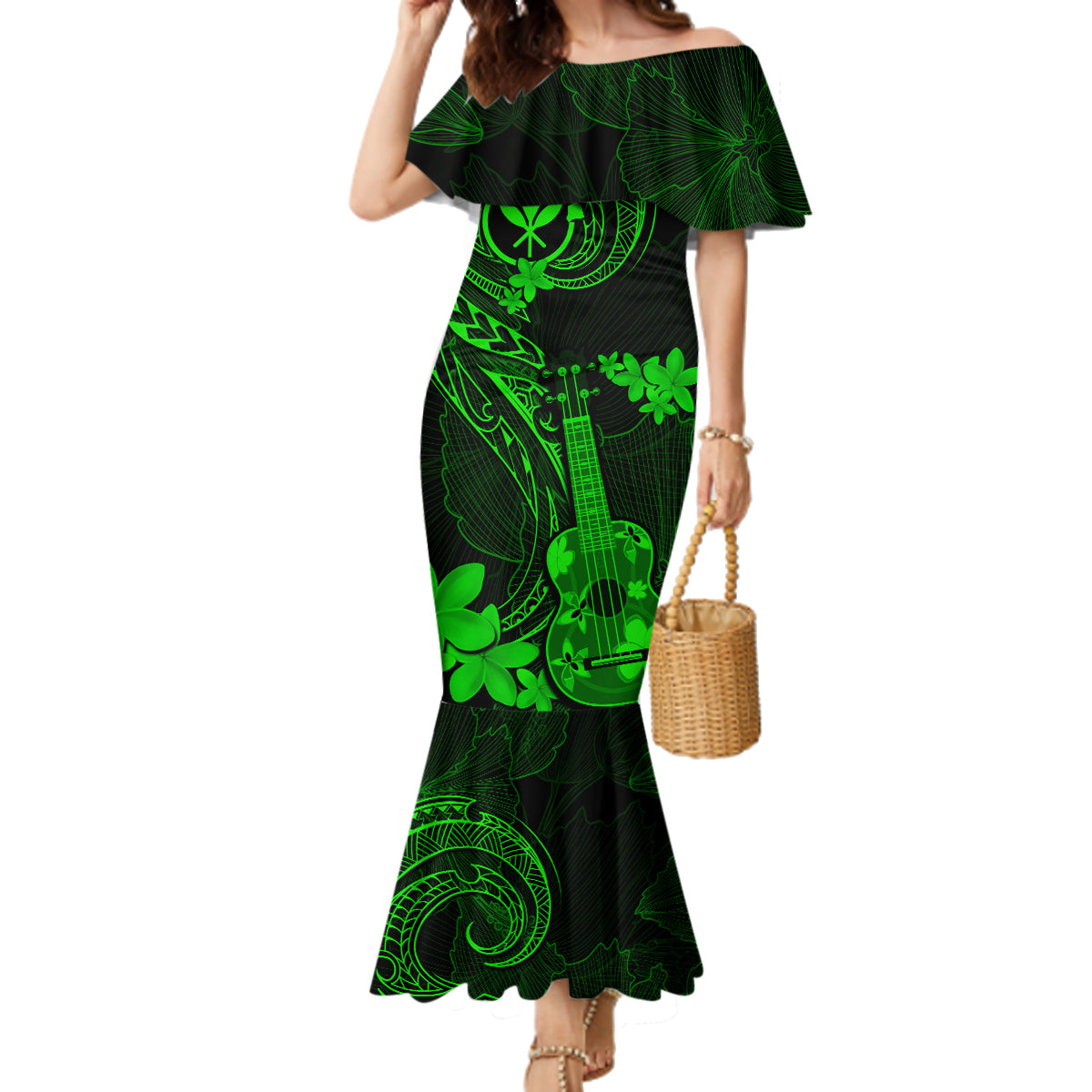 Hawaii Family Matching Mermaid Dress and Hawaiian Shirt Ukulele Mix Polynesian Plumeria Green Version LT14 Mom's Dress Green - Polynesian Pride