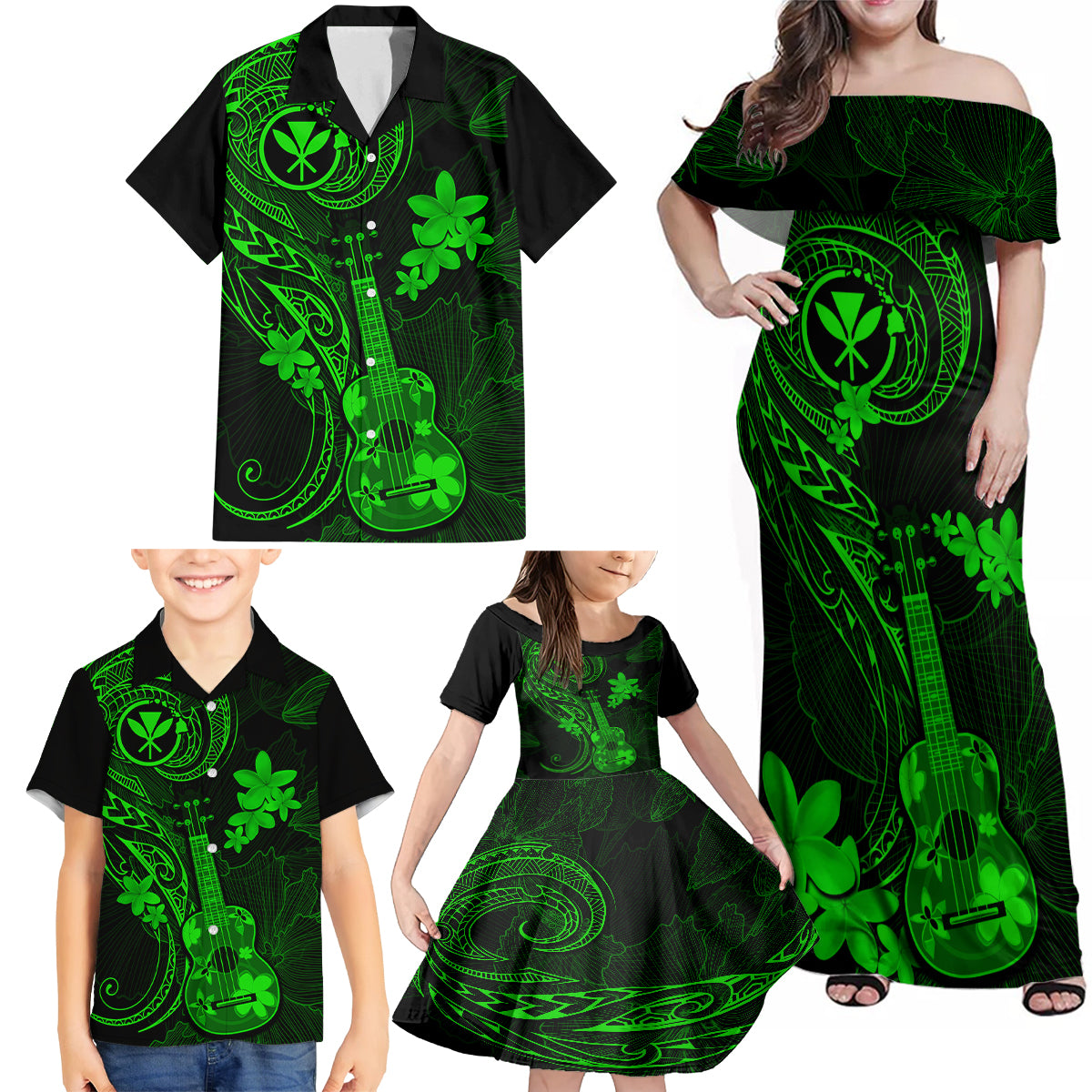 Hawaii Family Matching Off Shoulder Maxi Dress and Hawaiian Shirt Ukulele Mix Polynesian Plumeria Green Version LT14 - Polynesian Pride
