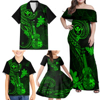 Hawaii Family Matching Off Shoulder Maxi Dress and Hawaiian Shirt Ukulele Mix Polynesian Plumeria Green Version LT14 - Polynesian Pride