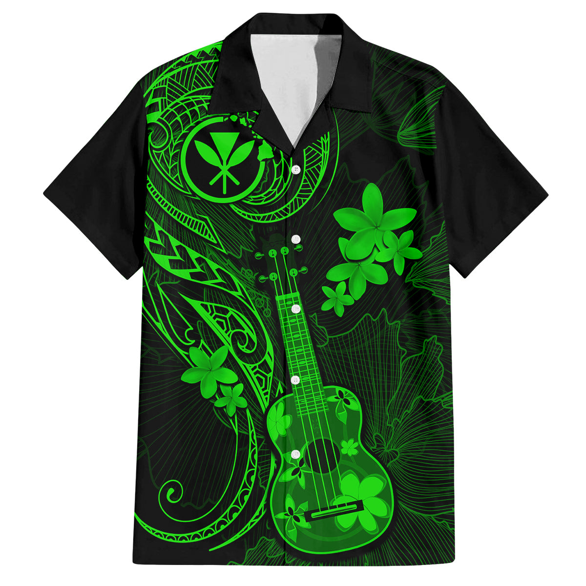 Hawaii Family Matching Off Shoulder Maxi Dress and Hawaiian Shirt Ukulele Mix Polynesian Plumeria Green Version LT14 Dad's Shirt - Short Sleeve Green - Polynesian Pride