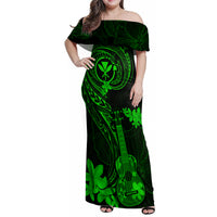 Hawaii Family Matching Off Shoulder Maxi Dress and Hawaiian Shirt Ukulele Mix Polynesian Plumeria Green Version LT14 Mom's Dress Green - Polynesian Pride