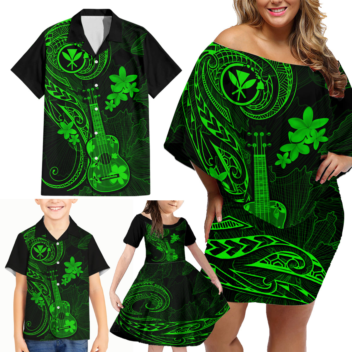 Hawaii Family Matching Off Shoulder Short Dress and Hawaiian Shirt Ukulele Mix Polynesian Plumeria Green Version LT14 - Polynesian Pride