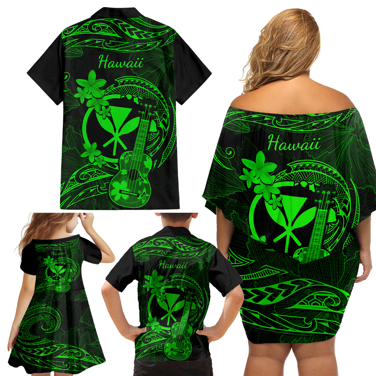 Hawaii Family Matching Off Shoulder Short Dress and Hawaiian Shirt Ukulele Mix Polynesian Plumeria Green Version LT14 - Polynesian Pride