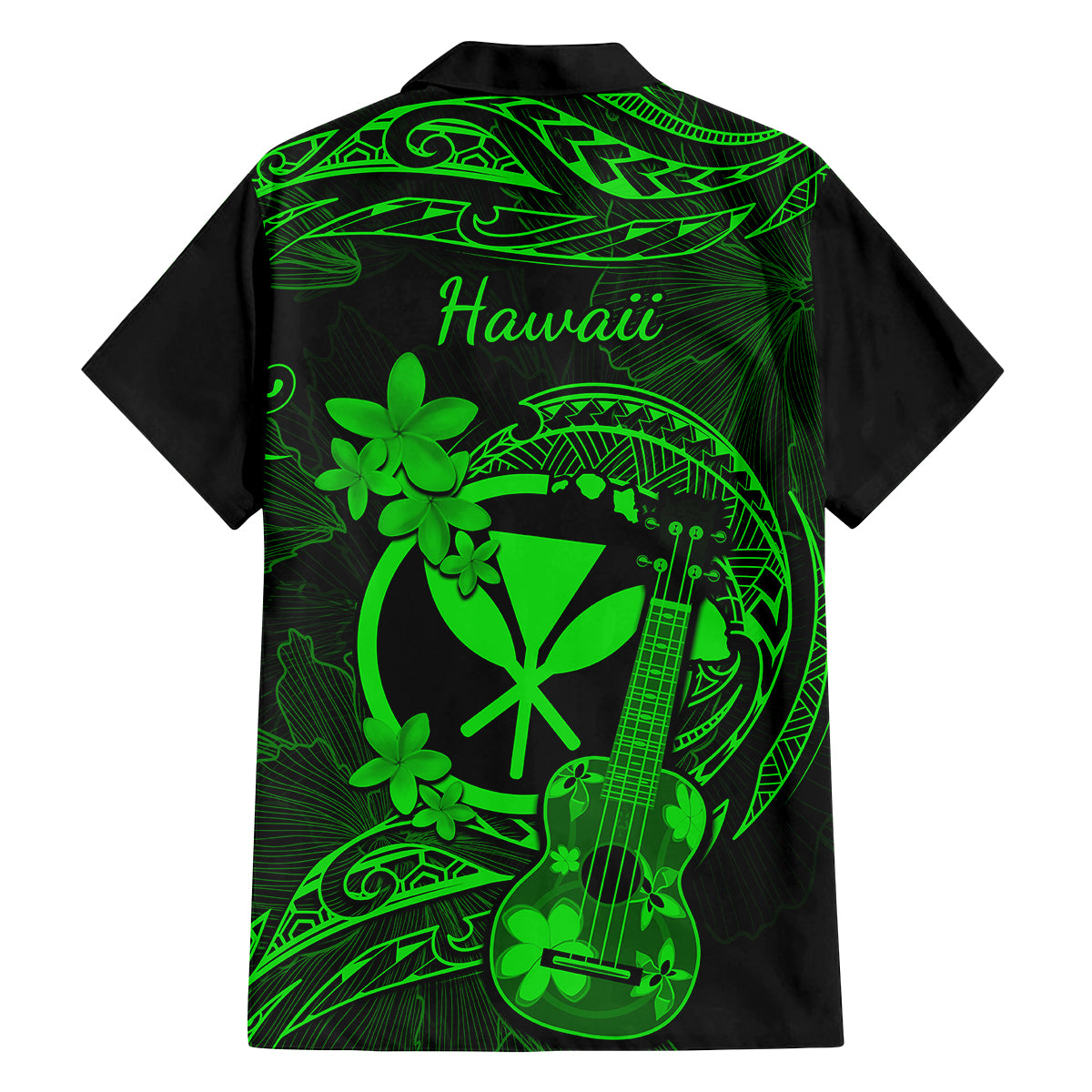 Hawaii Family Matching Off Shoulder Short Dress and Hawaiian Shirt Ukulele Mix Polynesian Plumeria Green Version LT14 - Polynesian Pride