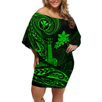 Hawaii Family Matching Off Shoulder Short Dress and Hawaiian Shirt Ukulele Mix Polynesian Plumeria Green Version LT14 Mom's Dress Green - Polynesian Pride