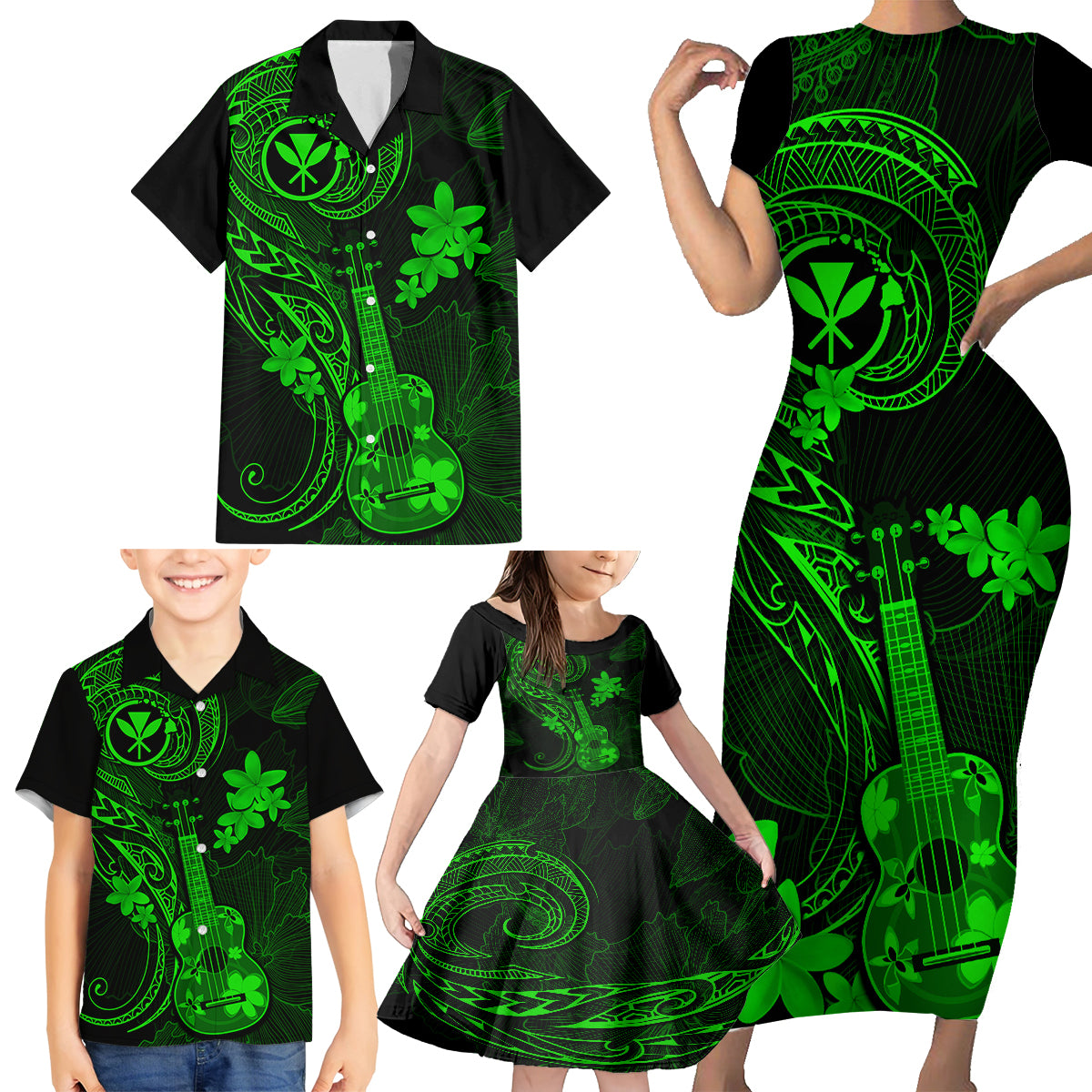 Hawaii Family Matching Short Sleeve Bodycon Dress and Hawaiian Shirt Ukulele Mix Polynesian Plumeria Green Version LT14 - Polynesian Pride