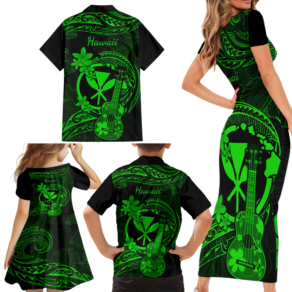 Hawaii Family Matching Short Sleeve Bodycon Dress and Hawaiian Shirt Ukulele Mix Polynesian Plumeria Green Version LT14 - Polynesian Pride