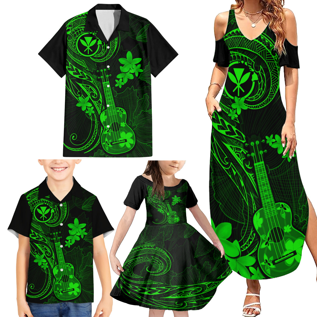 Hawaii Family Matching Summer Maxi Dress and Hawaiian Shirt Ukulele Mix Polynesian Plumeria Green Version LT14 - Polynesian Pride
