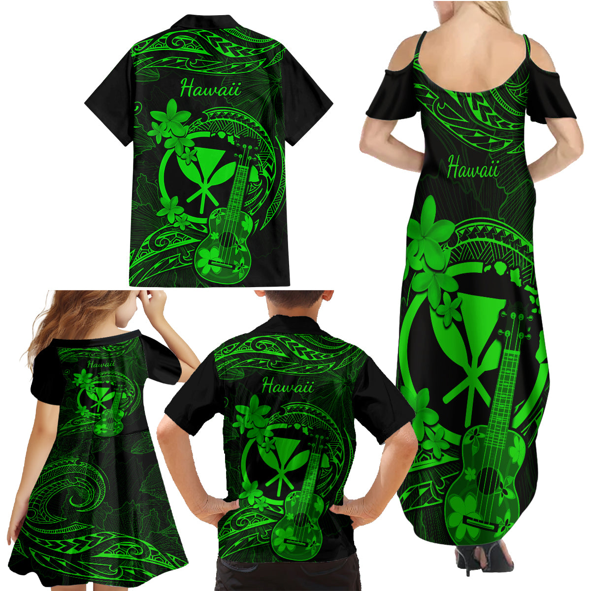 Hawaii Family Matching Summer Maxi Dress and Hawaiian Shirt Ukulele Mix Polynesian Plumeria Green Version LT14 - Polynesian Pride