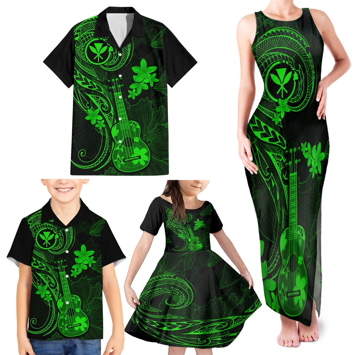 Hawaii Family Matching Tank Maxi Dress and Hawaiian Shirt Ukulele Mix Polynesian Plumeria Green Version LT14 - Polynesian Pride
