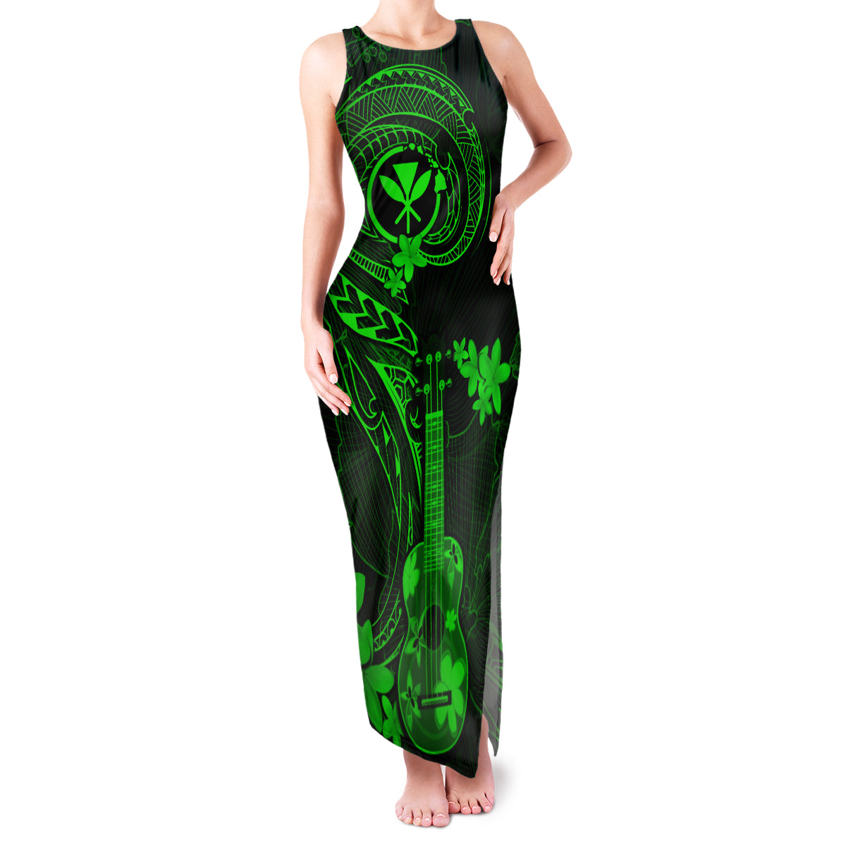 Hawaii Family Matching Tank Maxi Dress and Hawaiian Shirt Ukulele Mix Polynesian Plumeria Green Version LT14 Mom's Dress Green - Polynesian Pride