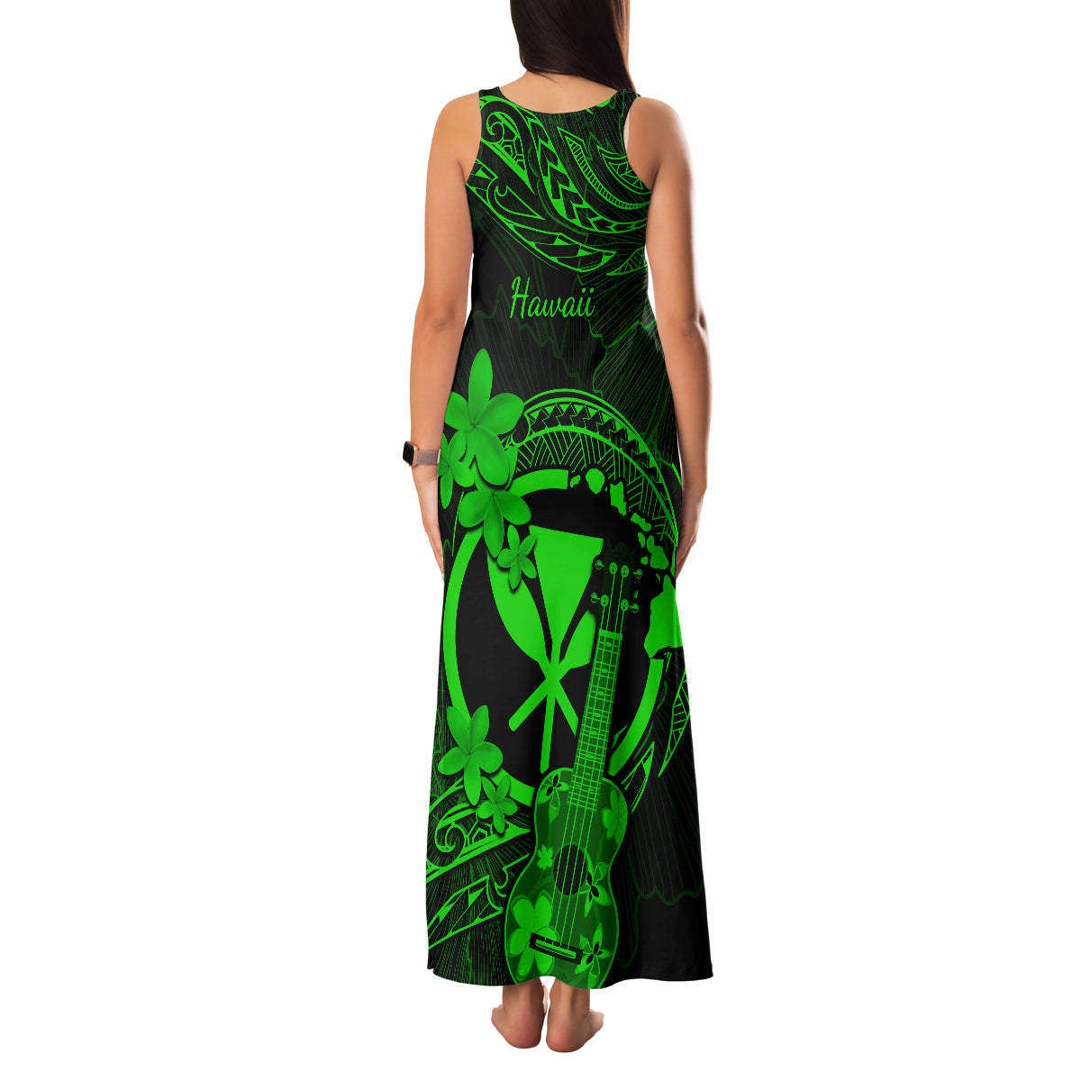 Hawaii Family Matching Tank Maxi Dress and Hawaiian Shirt Ukulele Mix Polynesian Plumeria Green Version LT14 - Polynesian Pride