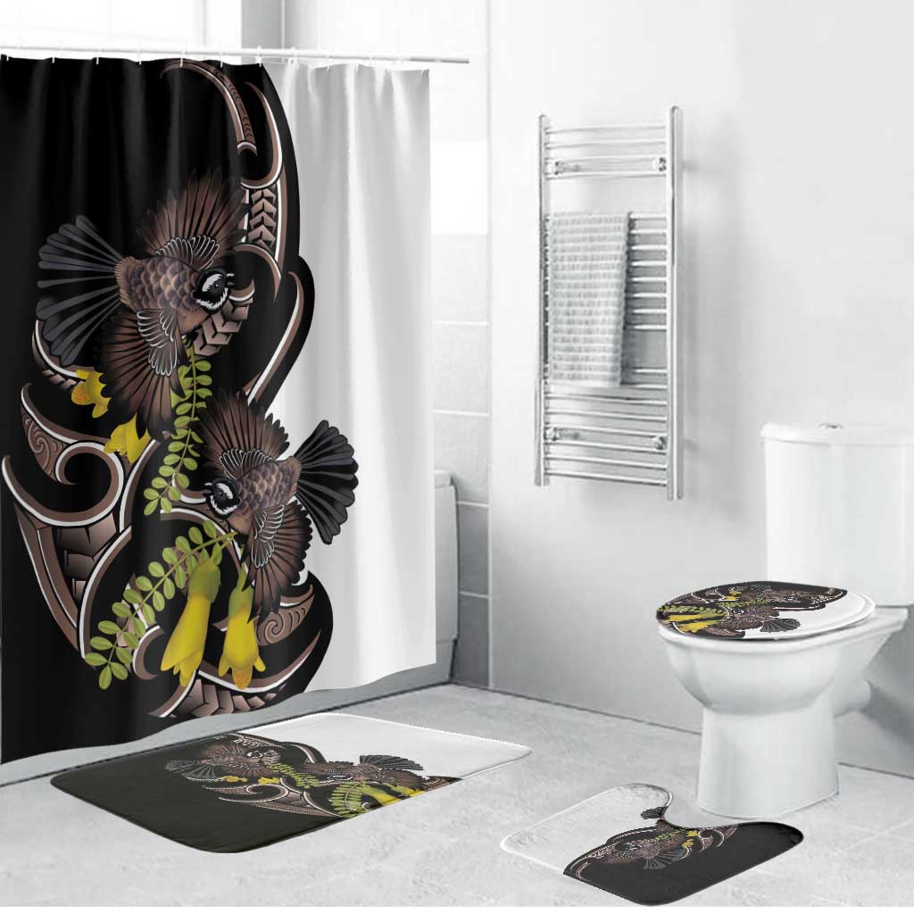 New Zealand Valentines Day Bathroom Set Piwakawaka Lovers Maori Koru Tattoo LT14 Bathroom Set (4 pcs) Black - Polynesian Pride