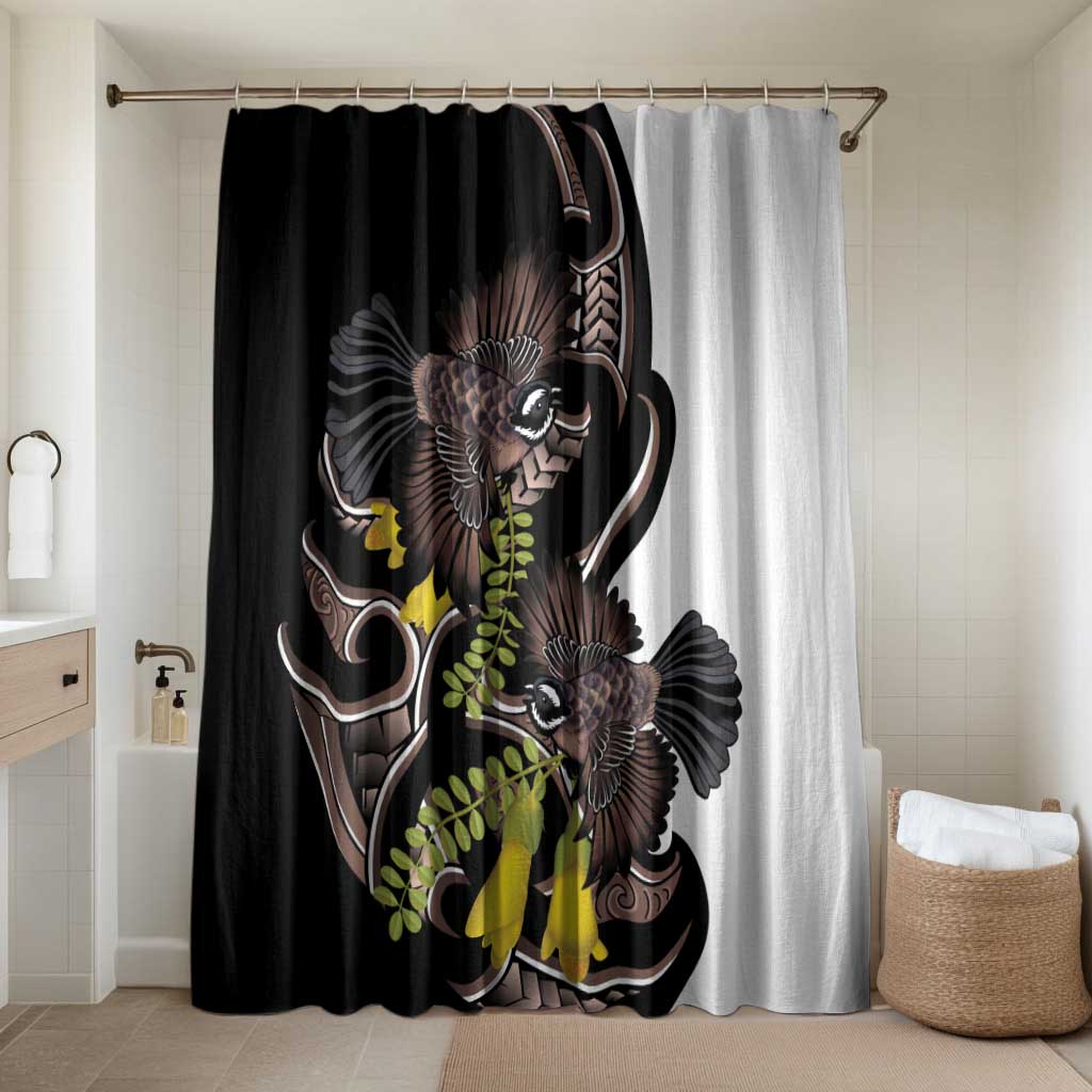 New Zealand Valentines Day Bathroom Set Piwakawaka Lovers Maori Koru Tattoo LT14 Shower Curtain Only Black - Polynesian Pride