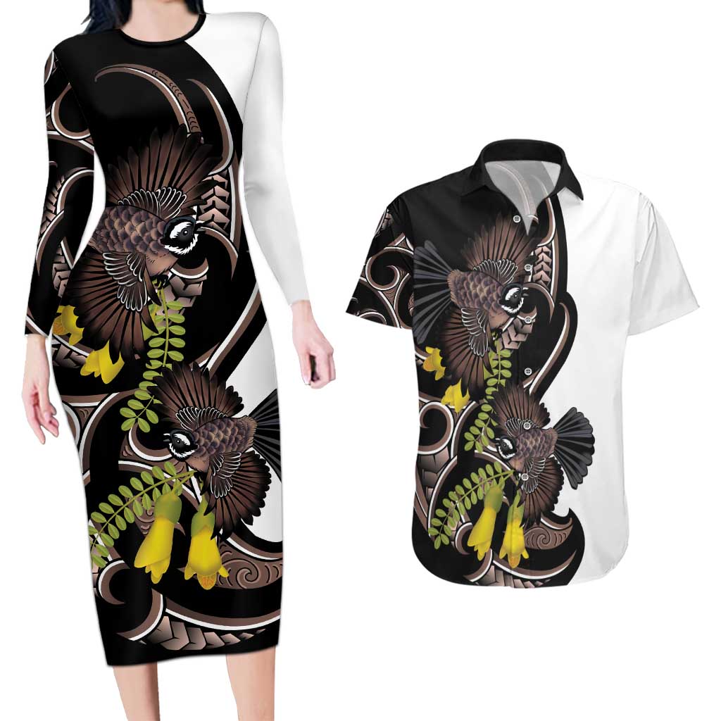 New Zealand Valentines Day Couples Matching Long Sleeve Bodycon Dress and Hawaiian Shirt Piwakawaka Lovers Maori Koru Tattoo LT14 Black - Polynesian Pride