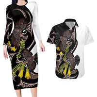 New Zealand Valentines Day Couples Matching Long Sleeve Bodycon Dress and Hawaiian Shirt Piwakawaka Lovers Maori Koru Tattoo LT14 Black - Polynesian Pride