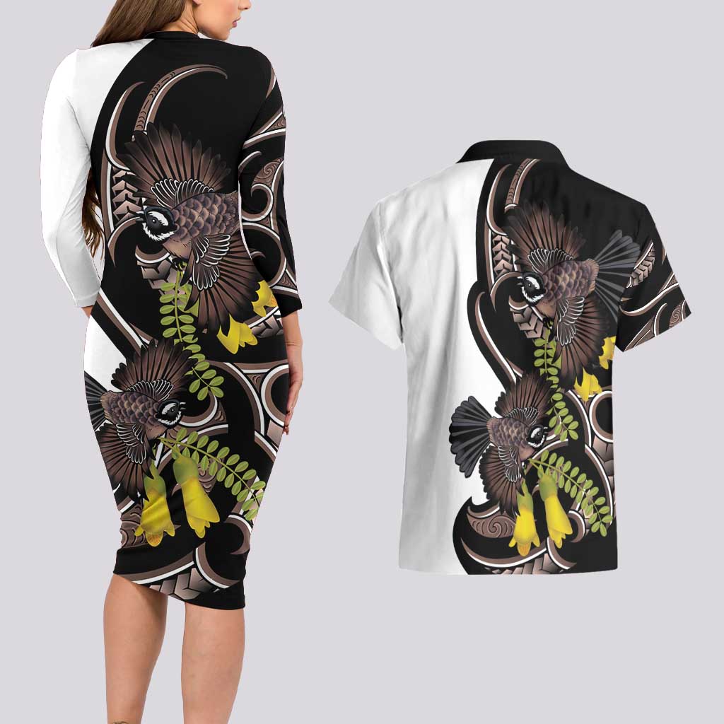 New Zealand Valentines Day Couples Matching Long Sleeve Bodycon Dress and Hawaiian Shirt Piwakawaka Lovers Maori Koru Tattoo LT14 - Polynesian Pride