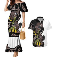 New Zealand Valentines Day Couples Matching Mermaid Dress and Hawaiian Shirt Piwakawaka Lovers Maori Koru Tattoo LT14 Black - Polynesian Pride