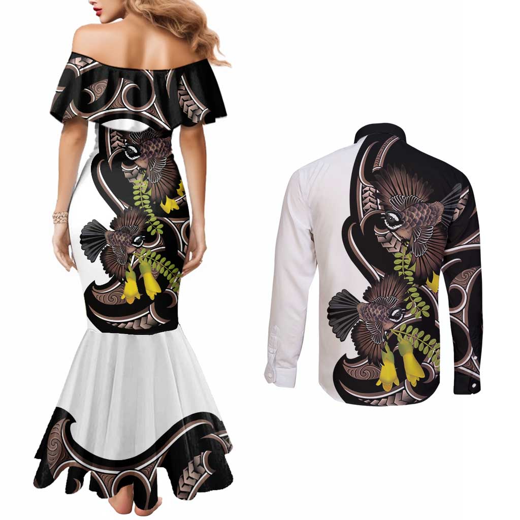 New Zealand Valentines Day Couples Matching Mermaid Dress and Long Sleeve Button Shirt Piwakawaka Lovers Maori Koru Tattoo LT14 - Polynesian Pride