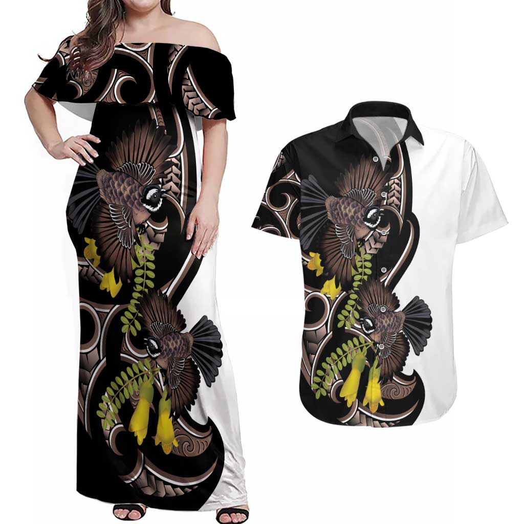 New Zealand Valentines Day Couples Matching Off Shoulder Maxi Dress and Hawaiian Shirt Piwakawaka Lovers Maori Koru Tattoo LT14 Black - Polynesian Pride