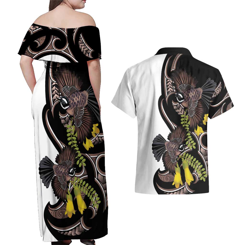 New Zealand Valentines Day Couples Matching Off Shoulder Maxi Dress and Hawaiian Shirt Piwakawaka Lovers Maori Koru Tattoo LT14 - Polynesian Pride