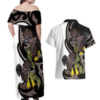 New Zealand Valentines Day Couples Matching Off Shoulder Maxi Dress and Hawaiian Shirt Piwakawaka Lovers Maori Koru Tattoo LT14 - Polynesian Pride