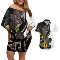 New Zealand Valentines Day Couples Matching Off Shoulder Short Dress and Hawaiian Shirt Piwakawaka Lovers Maori Koru Tattoo LT14 Black - Polynesian Pride