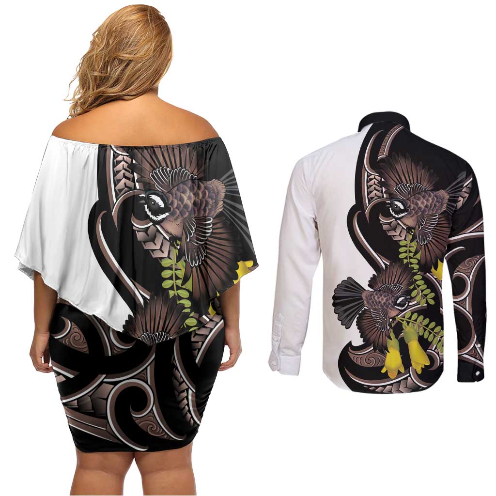 New Zealand Valentines Day Couples Matching Off Shoulder Short Dress and Long Sleeve Button Shirt Piwakawaka Lovers Maori Koru Tattoo LT14 - Polynesian Pride