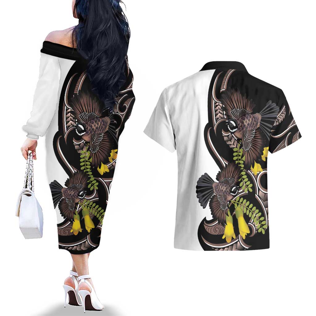 New Zealand Valentines Day Couples Matching Off The Shoulder Long Sleeve Dress and Hawaiian Shirt Piwakawaka Lovers Maori Koru Tattoo LT14 - Polynesian Pride
